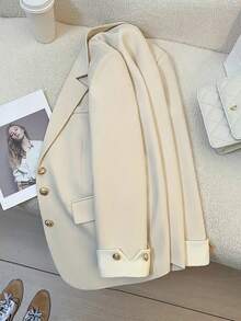 HOMEYEE 翻领长袖拼色纽扣休闲优雅百搭西装外套，适合商务、办公室、度假 - 杏色 - 查看 5