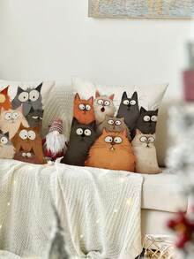 4pcs Cute Cartoon Cat Pattern Pillow Covers, Simple Cartoon Style Square Faux Linen Hidden Zipper Single-Sided Print Cushion Cover, Not Including Pillow Inner, Suitable For Farmhouse, Living Room, Bedroom, Sofa Decoration - Gray Brown - View 5