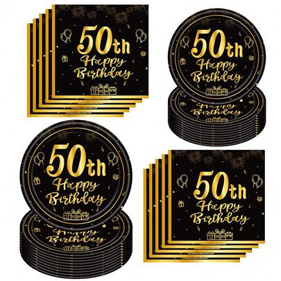 10 件/20 件/40 件/60 件/套，50 岁生日派对装饰 50 岁主题生日派对餐具复古 1975 年派对用品 50 岁生日派对装饰盘子餐巾黑色和金色餐具男士女士礼品餐桌装饰万圣节餐桌装饰