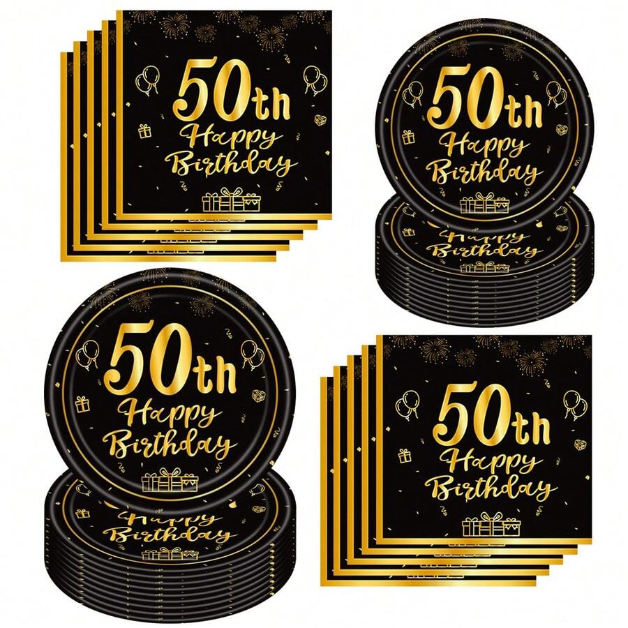 10/20/40/60件組 黑金50歲生日一次性餐具,金色50生日氣球煙花禮物印花7英吋與9英吋紙盤與餐巾紙,里程碑50歲生日派對餐盤,適用男女50歲派對用品 - 黑色50歲 - 查看 1