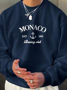 Monaco Men's Sweater, Winter And Autumn Model, Flannel Crew Neck Sweatshirt, New Release - 藏蓝色 - 查看 2