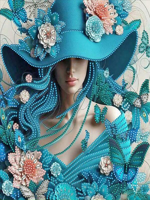 1 Set Diamond Painting Floral Queen Large Brim Hat, DIY Handicraft, Partially Asymmetrical Diamond Embellishment, Can Be Completed Independently Or With Family & Friends, Suitable For Home Decor Art, Like Living Room, Bedroom & Study (30cm/11.8inch X 30cm/11.8inch). New Diamond Painting, Frameless