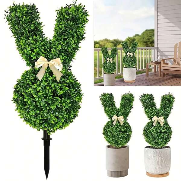 1 peça de topiaria verde esférica de plástico artificial de 21,6" em formato de coelho, planta falsa fofa em formato de coelho com laço de fita, decoração de jardim sem fio para ambientes internos/externos, enfeite de Natal