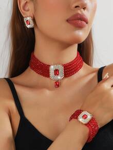 1 conjunto de colar e brincos de cristal geométrico quadrado feminino de luxo, rosa, champanhe dourado, branco, preto e vermelho, e pulseira de cristal multicamadas, para uso formal e diário - Conjunto de três peças de cristal - Ver 3