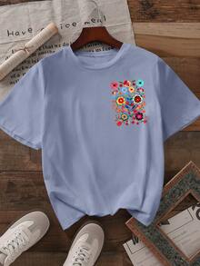 Howell 百搭时尚女款黑色短袖T恤，手绘雏菊和花卉印花，休闲清新