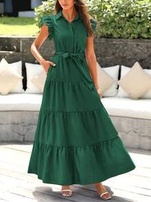 Women Summer Dress Casual Cap Ruffle Sleeve V Neck Button Down Belted High Waist Tiered A-Line Boho Maxi Dress With Pockets Boho Beach Holiday Wedding Guest Valentine - 墨綠色 - 查看 5