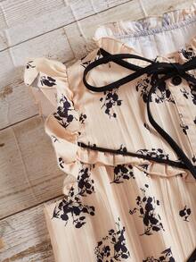 女士时尚花卉印花系带荷叶边背心