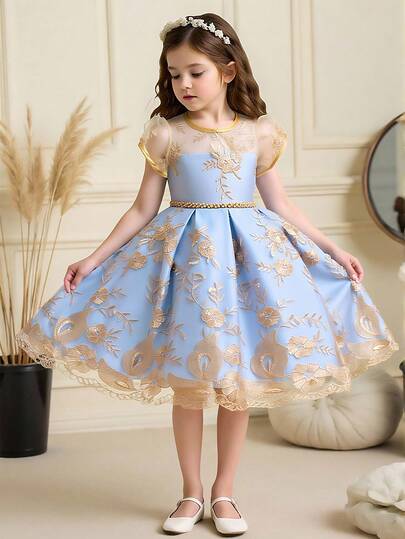 女童刺绣薄纱生日派对花童婚礼公主裙，适合婚礼、派对、晚宴等场合，面料和花卉图案随机裁剪，不含头饰。