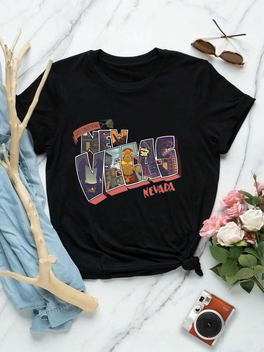 Camiseta de Saludo de Mujeres de Fallout New Vegas (Bethesda Fallout 76 Fallout New Vegas Fallout Shelter) - Negro - Ver 1