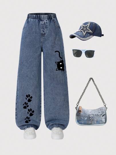 1 szt. Dziewczęce, uniwersalne, proste dżinsy z grafiką kotka, styl uliczny Y2K