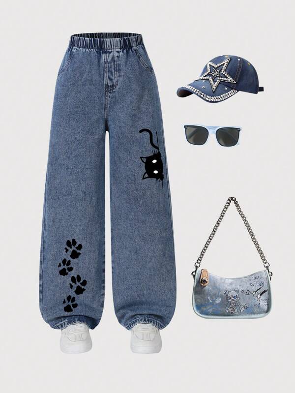 1 Pc Girl Casual Versatile Straight-Leg Jeans With Kitten Graphic, Y2K Streetwear Style