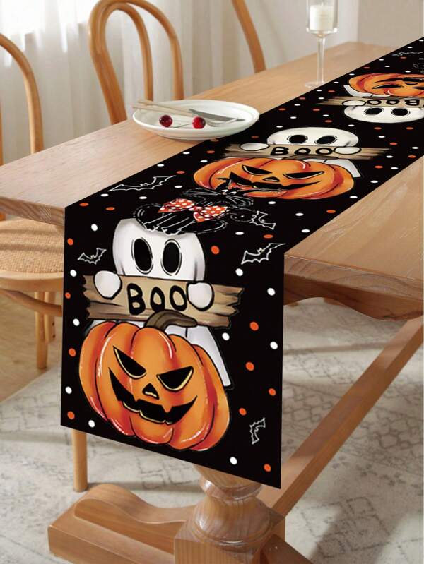 1Pc 180cm*35cm Halloween Table Runner Tablecloth,Black Pumpkin Ghost Pattern Table Flag,Halloween Decoration, Halloween Party Dinner Table Decoration,Home Decor,Trick Or Treat Decoration For Halloween,Happy Halloween Decor,Table Centerpiece Decor,Spooky Halloween Decor
