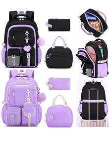 3件套心形图案女童背包套装，包含手提包和铅笔盒，轻便大容量书包，多口袋设计，可容纳15.6英寸笔记本电脑，紫色旅行背包，返校必备