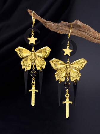 1 Pair Vintage Gothic Style Tassel Star Moon Butterfly Sword Earrings