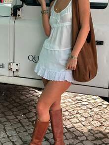 Women Y2K Sheer Lace Ruffle Mini Skirt Low Rise Mesh Ruffle Hem Shorts Fairy Micro Skirt Coquette Going Out Beachwear - trắng - Xem 6