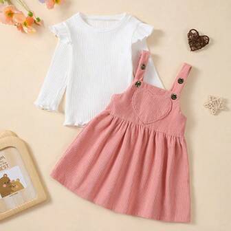 2 piezas/set Vestido de peto de pana larga y suéter con mangas de volantes blancos, lindo, para niña bebé