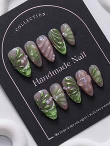 10 件杏仁形指甲贴，手绘绿色 3D 金属藤蔓花卉图案，Y2K & Ins，精致优雅，适合女士和女孩按压式指甲美甲用品 - 綠色 - 查看 3