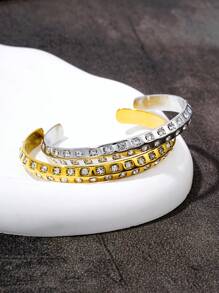 1pc Double Row Crystal C-Shape Open Bangle Bracelet, 18K Gold Stainless Steel Plating, Fashion Jewelry Suitable For Women's Daily Wear