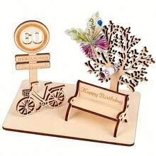 1 set Décoration de table en bois pour anniversaire cadeau d'argent - 19,0 cm * 5,38 cm, Panneau en bois pour anniversaire 30e, 40e, 50e, 60e, 70e, Décoration d'atmosphère pour anniversaire heureux, Panneau décoratif de fête avec vélo, grand arbre, chaise, Décoration de scénario, Parfait, Cadeau d'anniversaire