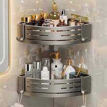 1pc Space-Saving Aluminum Bathroom Corner Shelf, Wall-Mounted Storage Rack With No Drilling Required, Triangular Design Suitable For Bathroom And Kitchen, Comes With Hooks, Essential For Back To School Season - Multicolor - View 3