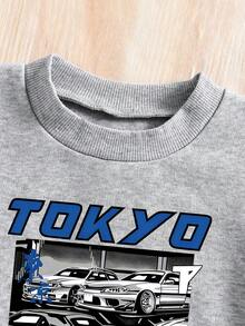 Ensemble Sweat-shirt col rond et pantalon de survêtement avec imprimé voiture pour garçon pré-adolescent - Gris - Voir 3
