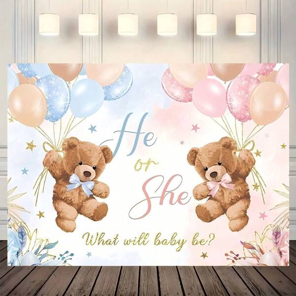 1pc, Bear Gender Revealed Background Fabric, "He Or She" Pink Or Blue, Bohemian Floral Balloons, We Can't Wait, Polyester Material, Suitable For Background Decoration Of Expectant Mothers' Photography, Photo Booth Studio Props