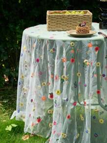 1 pieza Mantel con bordado de encaje y diseño floral colorido, estilo minimalista romántico francés para decoración del hogar y la cocina, adecuado para reuniones festivas, fiestas de cumpleaños, cenas de boda y como fondo fotográfico