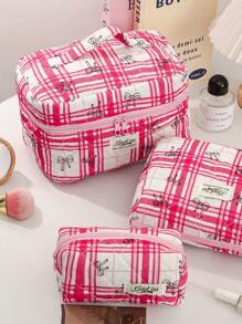 1 Peça Bolsa de Maquiagem Fofa de Grande Capacidade, Nécessaire Acolchoado para Cosméticos, Bolsa de Maquiagem de Viagem com Laço Xadrez, Dobrável, com Alça, Organizador de Maquiagem Estético, Bolsa de Armazenamento para Viagem, Nécessaire Portátil, Bolsa para Lápis, Essenciais de Viagem, Férias de Verão, Volta às Aulas, Bolsa Escolar, Bolsa de Viagem para Mulheres, Bolsa de Maquiagem para Viagem