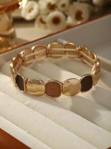 Elegant Vintage Minimalist Style Elastic Zinc Alloy Bracelet For Women - KC Gold Plated Oval Glossy & Matte Design, Versatile For Daily Wear, Formal Events, Sophisticated Gift