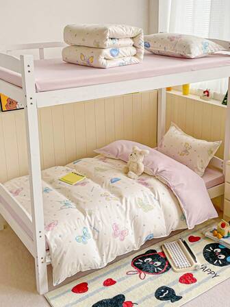 4pcs (1pc Duvet Cover + 1pc Bed Sheet + 2pcs Pillowcases) White & Pink Reversible Butterfly Print Bedding Set, Suitable For Student Dormitory Bunk Beds, All Seasons, Soft Brushed Fabric For Bare Sleeping, Nursery, Kindergarten, Children's Room