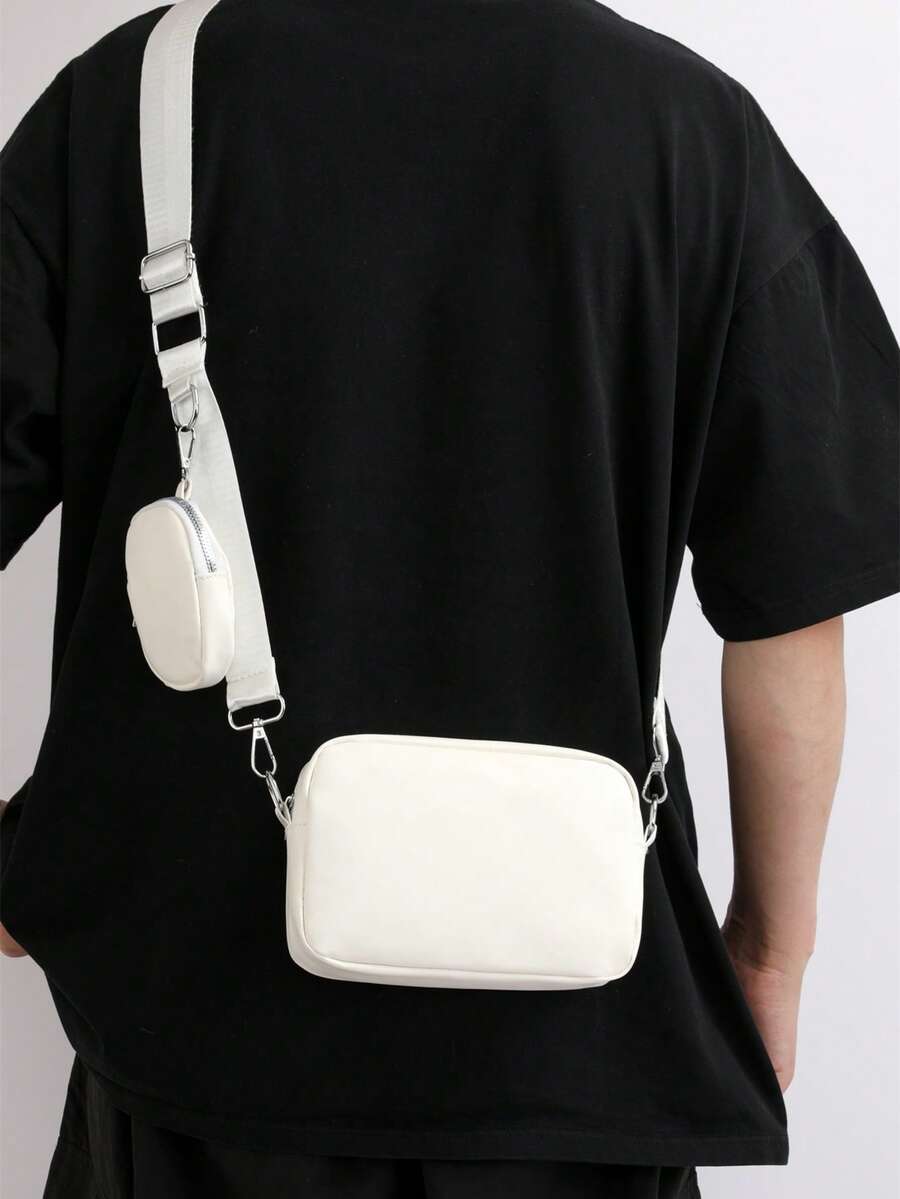 2 件男士小方包时尚斜挎包纯色单肩包轻便适合旅行适合学生、高中生和高中生老钱街头服饰 - 白色 - 查看 1