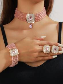1 conjunto de colar e brincos de cristal geométrico quadrado feminino de luxo, rosa, champanhe dourado, branco, preto e vermelho, e pulseira de cristal multicamadas, para uso formal e diário - Conjunto de três peças de cristal - Ver 9