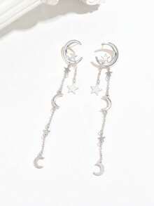 1 Cặp Hoa tai tua rua dài hình ngôi sao và mặt trăng vàng theo phong cách Trung Đông mới, Quà tặng ngày lễ hàng ngày sáng tạo được cá nhân hóa, Trang sức khuyên tai - có màu bạc - Xem 2