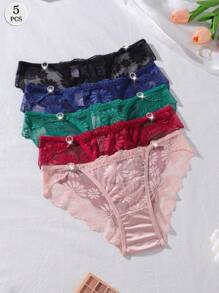 Set de 5 bragas de bikini de mujer con hebilla de strass, encaje floral, suaves y cómodas