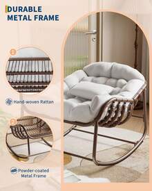 Studyset Outdoor Rocking Chair,Oversized Comfy Patio Chair Oversized Wicker Lounge Chair With Cushion And Metal Frame,Patio Rattan Egg Rocker For Balcony Backyard Porch Bedroom - 白色 - 查看 3