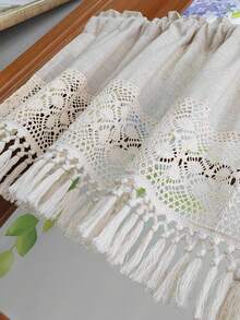 1pc Boho Style Crocheted Linen Cafe Curtain With Tassel Farmhouse Short Curtain Valance For Kitchen Dining Room Window Rod Pocket Top - Beige - View 4