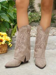 女士厚底尖头褶皱踝靴，短款西部刺绣靴，2025秋冬新款，牛仔靴 - 卡其色 - 查看 6