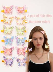 2pcs Colorful Sequined Cute Butterfly Hair Clips, Decorative Hair Accessories, 3D Butterfly Hair Clip Set, Alloy Butterfly Hair Clips With Rhinestone Decor