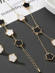 Set de 4 piezas con collar, pulsera y aretes con diseño de flores, collar versátil de la suerte - Multicolor - Ver 9