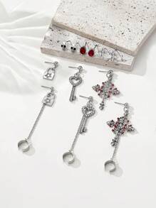 Set de 6 pares de pendientes de clip con diseño de calavera gótica, cruz con tachuelas y detalles de diamantes, versátil para Halloween