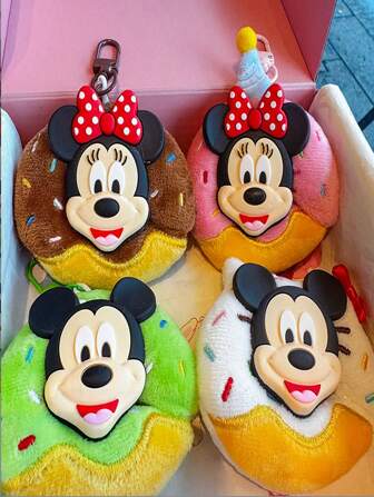 1 pieza Llavero con figura de ratón de dibujos animados, colgante decorativo de donut de peluche, colgador para bolsos y mochilas, dije de llavero en forma de donut