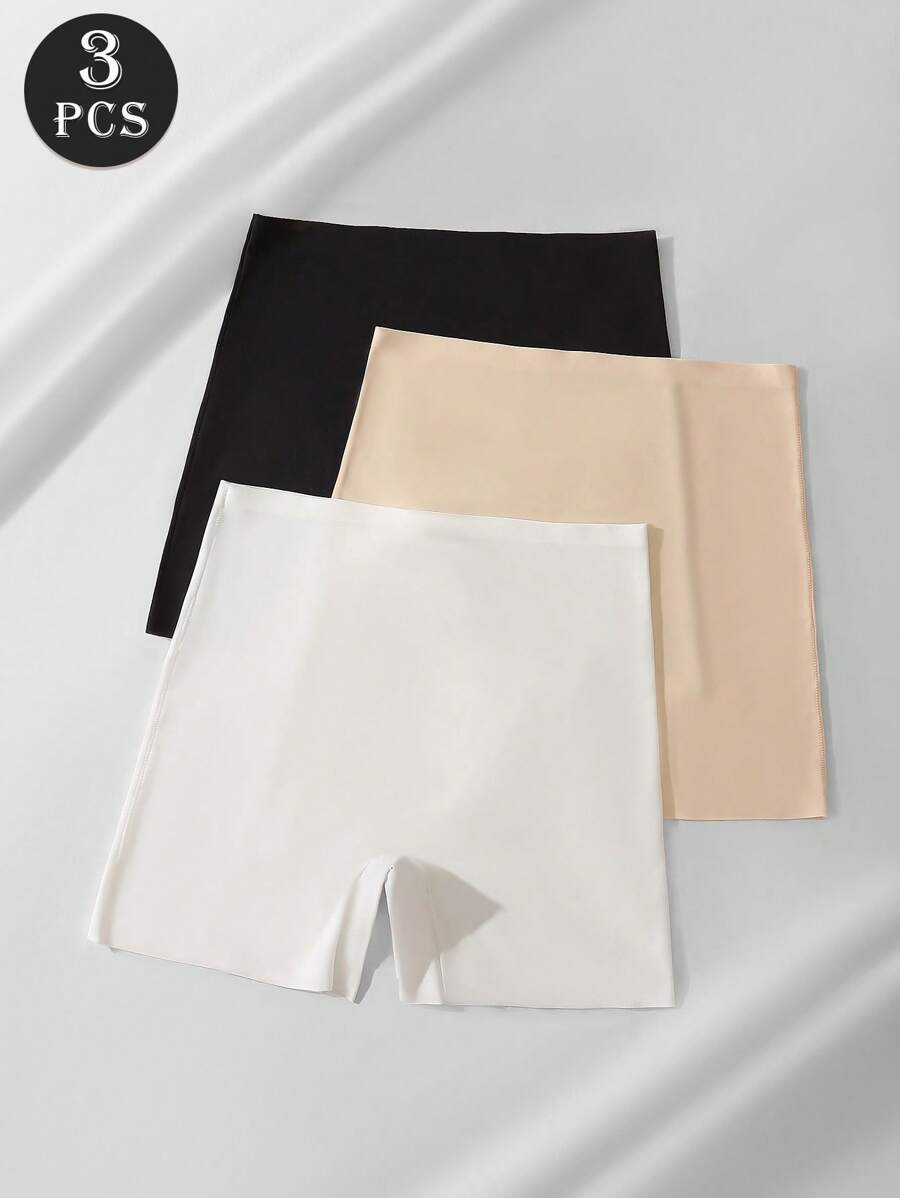 3 Pairs Women Plain Simple Silk Shorts, Prevent Flashing Anti-Roll Edge High Waist Seamless & Comfortable Underpants