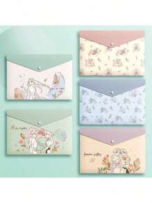 5pcs Cartoon A4 Size High Capacity Thick Storage Bag, Transparent Waterproof And Moisture-Proof Folder With Button Closure, Office & Student Stationery Organizer, Gift,Back To School,School Supplies