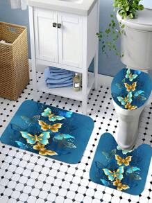 1/4 pièces Ensemble de rideaux de douche avec papillons dorés brillants - Fond bleu haut de gamme avec impression de papillons dorés, en tissu de polyester, imperméable et facile à nettoyer, 12 crochets, tapis antidérapant, tapis de sol en U, housse de siège de toilette - idéal pour le dortoir, la décoration de salle de bain de la maison, toutes les saisons