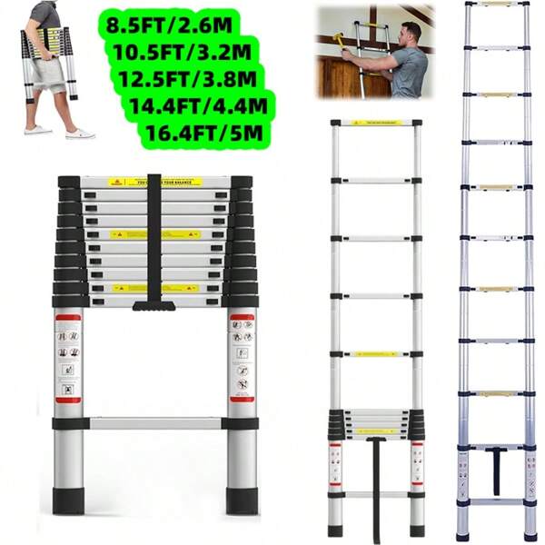 Vandise Multi-Size Aluminum Telescopic Extension Ladder Lightweight with Anti-Slip Feet & Safety Lock - 330lbs Heavy Duty EN131 Certified - Easy Storage Foldable Compact Step Stool for Home Outdoor Garden Loft Roof Warehouse Painting Cleaning Maintenance Camping Construction Industrial Use