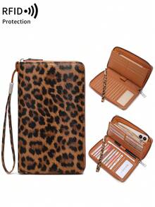 MIYIN 时尚复古豹纹/牛纹多功能大容量三折信用卡夹，男女通用，RFID屏蔽钱包，可放置信用卡/身份证/硬币/现金/收据，商务休闲荔枝纹压花拉链口袋手拿包，生日礼物，周年纪念日防盗钱包，日常钱包，钱包，长钱包，腕带钱包，防盗钱包 - 彩色 - 查看 16