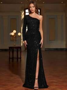 Czarna cekinowa jednoramienna syrenka maxi formalna sukienka, suknia bankietowa, sukienka na imprezę, sukienka dla gości weselnych, suknia wieczorowa