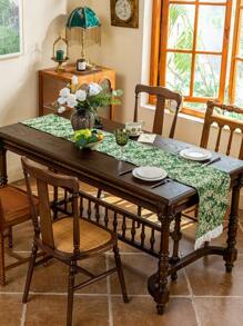1pc Vintage Green Base Floral Jacquard Table Runner, Suitable For Cafe, Afternoon Tea Decor, Dining Table Events