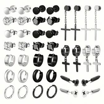 20pcs Minimalist Punk Style Stainless Steel Cross Hoop Earrings Set, Suitable For Daily Wear And Parties