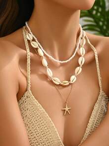 3pcs Boho Ocean Style Mermaid Shell & Simulated Turquoise Starfish Pendant Beaded Necklace Set, Suitable For Women Daily & Beach Vacation Outfits - Beige - View 2